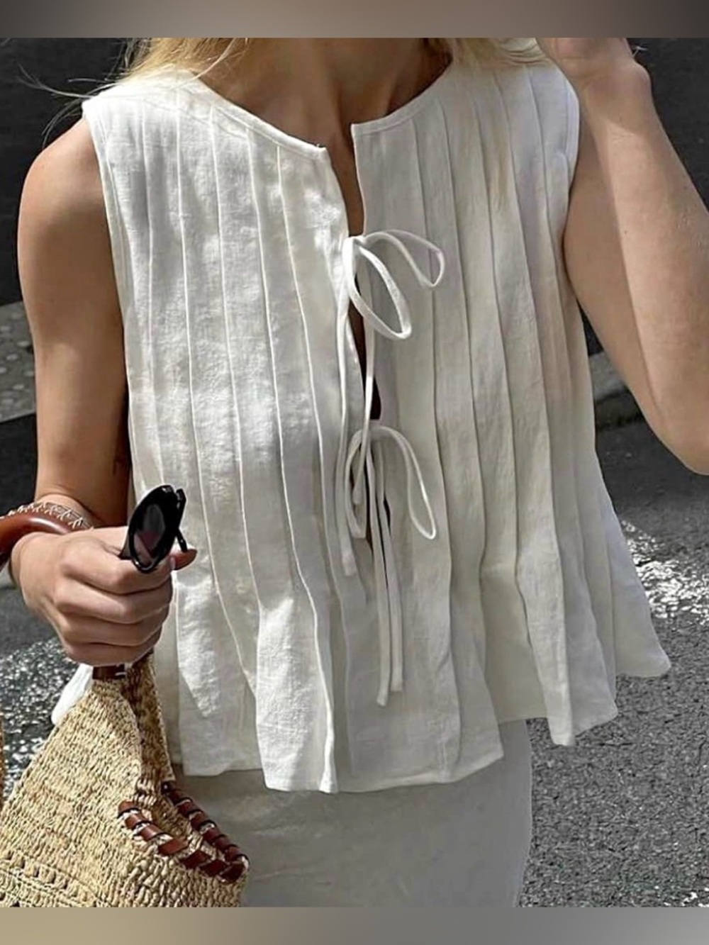 Sleeveless White Pleated Tie-Front Linen Top